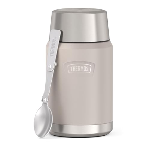 Thermos ICON Thermobehälter für Essen beige 0,71l - hält Speisen 14h heiß & 24h kalt, Edelstahl, absolut dicht, mit klappbarem Löffel, BPA-frei