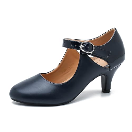 Women's Low Kitten Heels Mary Janes Pumps Cutout Round Toe Retro Vintage Hollow Out Ankle Strap Dress Shoes