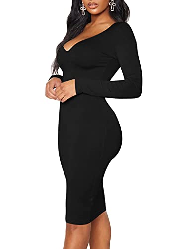 BORIFLORS Women's Sexy Bodycon Long Sleeve Deep V Neck Club Party Midi Pencil Dresses - Image 6
