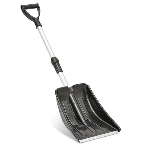 Magshion Pala de nieve con mango en D, hoja de polipropileno duradera de 10 pulgadas con borde de aluminio, mango telescópico para maletero de coche, emergencias, color negro