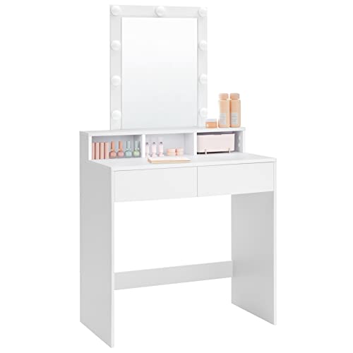 VASAGLE Kailyn Kollektion - Schminktisch mit LED-Beleuchtung, einstellbare Helligkeit, Frisiertisch mit Spiegel, Kosmetiktisch mit 2 Schubladen und 3 offenen Fächern, weiß RDT114W01