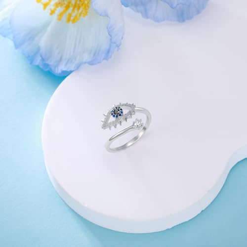 Evil Eye Adjustable Ring for Women Sterling Silver/Solid 10K 14K 18K Gold Evil Eye Adjustable Open Rings Promise Ring Mothers Day Birthday Graduation Christmas Jewelry Gifts for Her3