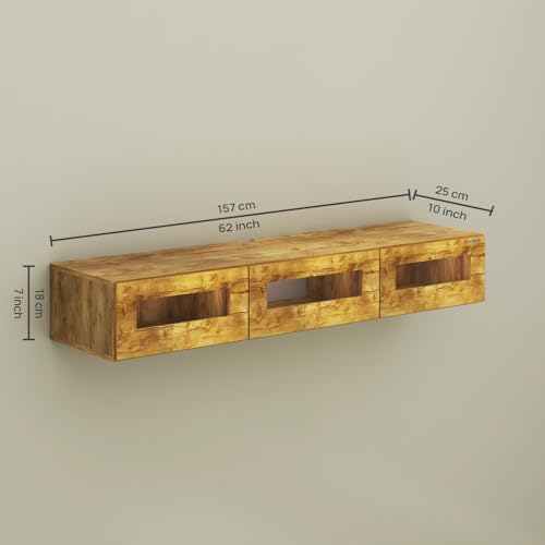 Image of Anikaa Rayza Wall Mount Modern Floating TV Unit for Living Room | 3 Closed Storage cabinets with hinged Door - 3 Blue LED Light | Ideal for UP to 65 Inch TV (Gaintwood Finish - DIY Installation)