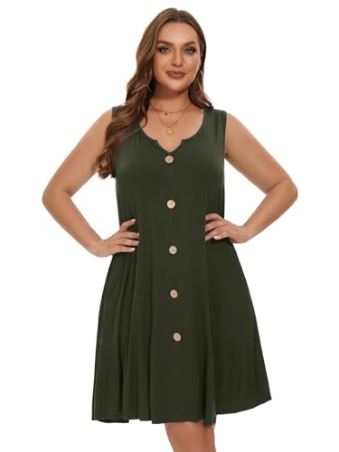 Image of LARACE Women Plus Size Summer Dresses V Neck Sleeveless A Line Sundresses Button Down Midi Dress with Pockets