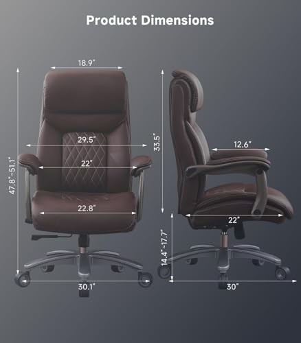 Image of Big and Tall Office Chair with Wide Area Armrest, Reclining Desk Chair with Adjustable Lumbar Support, PU Leather High Back Ergonomic Executive Computer Chair