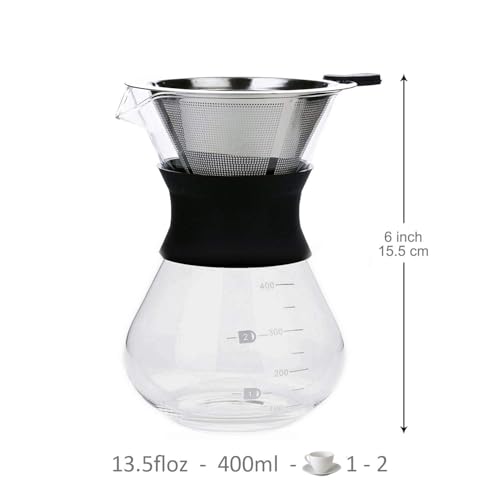 Conjunto de cafeteira com filtro de aço inoxidável reutilizável, jarra de café de vidro borossilicat