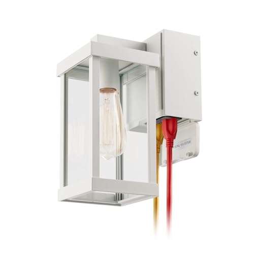 Image of mirrea 11 inch Classic Outdoor Wall Sconce with Built-in GFCI Outlet 1 Light in Rectangular Metal Frame and Clear Glass Shade Waterproof Porch Light Patio Light (Matte White)