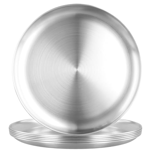 FAAING 6 piatti rotondi in acciaio inox, 26 cm, piatti in argento, piatti da portata per pizza, cucina, campeggio, feste