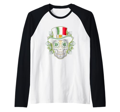 Bandera italiana del Día de los Muertos de San Patricio con calavera de azúcar irlandesa Camiseta Manga Raglan