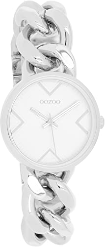 Oozoo Timepieces Damen Uhr in Silber Weiß | Armbanduhr Damen mit grobem Kettenarmband | Hochwertige Uhr für Frauen| Edle Analog Damenuhr in rund C11125