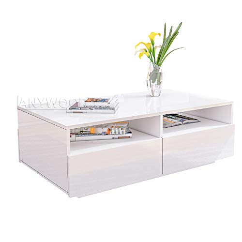 Chebinsiti Coffee Table for Living Room, White Gloss Coffee Table with 4 Drawers and 2 Open Shelves Rectangle Centre Tea Table with Storage for Home Office Furniture