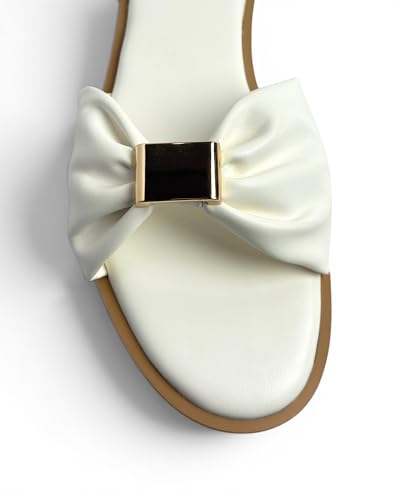 Image of MOVIDA Lumi Ruched Bow-Strap Flat Slide Sandal, White, for Casual Beach and Resort Wear, with Cushioned Footbed and Light Gold Square Buckle