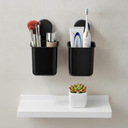 Image of SHALVI Plastic Toothbrush Holders for Bathroom | Wall Mounted Toothbrush Holder | Toothbrush Holders for Toothbrushes | Bathroom Shelf for Wall (2 Toothbrush Holder - Black)