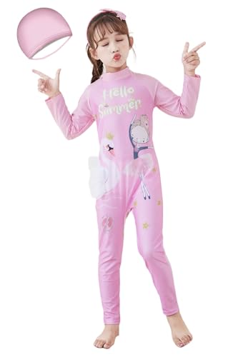 Image of Girls Swimsuits Long Sleeve Rash Guard Swimwear with Matching Cap One-Piece Bathing Suits 2-10 Years