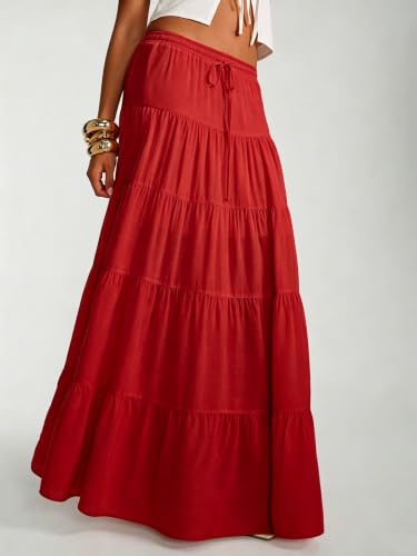 Image of Women's Boho Maxi Skirt Ruffle Flowy Low Rise A Line Beach Long Skirts | Flared Ruffle, Elastic Waist, Summer Vacation Skirts