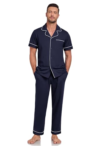 Image of COLORFULLEAF 100% Cotton Mens Pajamas Set Short Sleeve Loungewear with Long Pants Button Down Sleepwear Soft Comfy Pj for Men