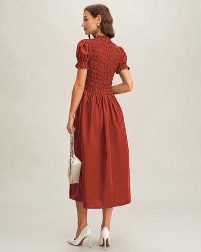 Image of RIHOAS Plaid Gingham Midi Dress Short Sleeve Smocked Dresses for Women | Cotton,Ruffle Puff Sleeves,Vintage Brown,Spring Summer Casual Daily,Picnic,Travel,Vacation,Christmas Festive Occasions