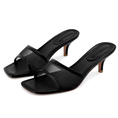 Image of Dsevht Black Kitten Heel Sandals Stiletto Low Heels Slip On Slides Mule Sandal Square Open Toe Dress Shoes for Women