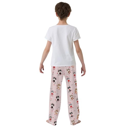 Kitten Cat with Love Heart Boys Long Pants Soft Trousers Elastic Waist Kids Lounge Bottoms with Pockets S-XL3