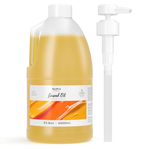 Nicpro Refined Linseed Oil for Painting, 33.8oz/1000ml with Pump, Oil Painting Medium for Thinning Oil Paints & Glazing, Improves Flow, Transparency & Gloss