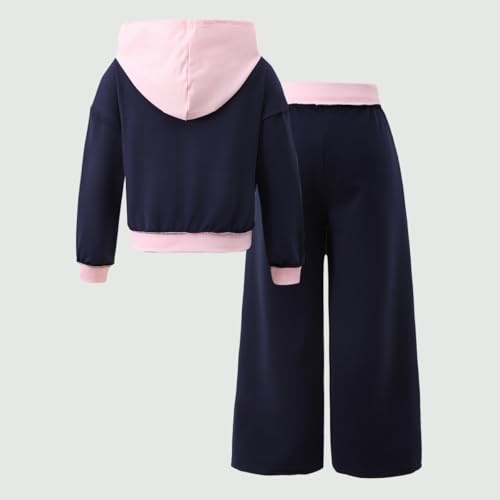 Image of Yoxindax Girls' 2-Piece Clothes Bow Print Zip-Up Hoodie Contrast-Color Wide-Leg Pants Winter 7-14Y Outfits Set