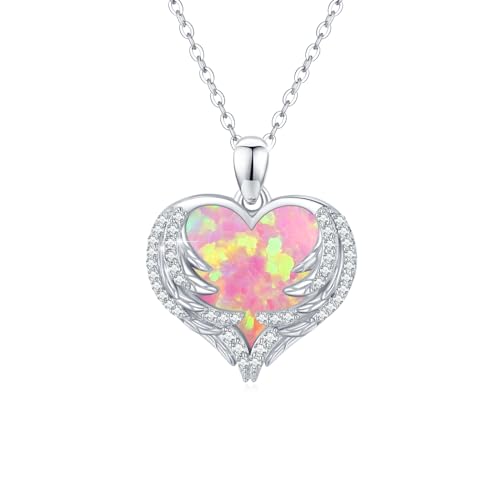 CUOKA MIRACLE Collier ailes d'ange en argent 925 avec pendentif en opale et opale - Cadeau pour femme, petite amie, mère et fille, Argent sterling