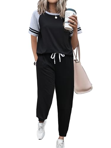 Image of Ekouaer Lounge Sets for Women Two Piece Pajama Set Short Sleeve Crewneck Jogger Outfits and Sweatpants Tracksuit