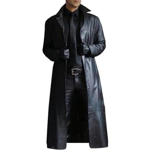 Chaqueta de cuero para hombre, gabardina de cuero vintage, chaqueta larga imitación abrigo otoño/invierno, cárdigan negro, talla 3XL