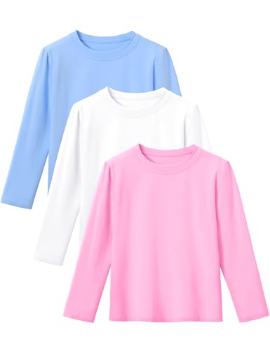 KEREDA 3 Pack Girls Long Sleeve Shirts Soft Cotton Crewneck Plain Tops Tees Clothes for Kids Tween