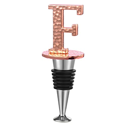 Miicol Tope de vino con letra inicial, monograma de metal martillado, baño de oro rosa, letra F Cover