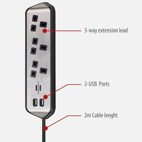 brennenstuhl estilo Corner Extension Lead 3-way (Extension Cord with Stainless Steel Surface for Desk/Kitchen/Office, with 3x Earthed Sockets, 2x USB Ports) silver/black - Image 3