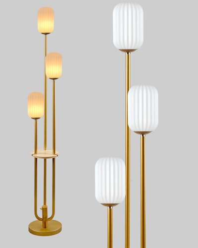 Image of Floor Lamp for Living Room, Dimmable Vintage Floor Lamp with Shelf & LED Bulbs, 3 Light 3000K Soft Warmwhite Mid Century Standing Lamp, Tall Lamps with 5Lbs Heavy Base for Bedroom Office