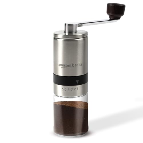 Image of Amazon Basics Manual Coffee Grinder with Ceramic Burr & 6 Adjustable Grind Settings, Glass Jar & Stainless Steel Body, Portable & Lightweight, Ideal for Espresso, French Press, Cold Brew, Silver