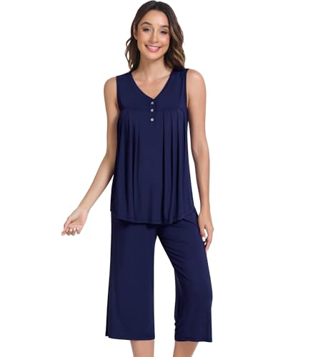Image of NACHILA Pajamas for Women-Viscose Made from Bamboo, Sleeveless Pjs Top with Capri Pants Pajama Set Cool Pleated Sleepwear