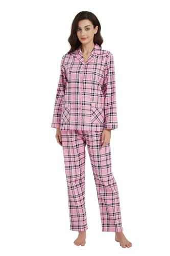 kolipajam Pijama de franela de algodón para mujer, conjunto de pijama de franela 100% algodón, pijama suave y acogedor para mujer, Tartán rosa., XL