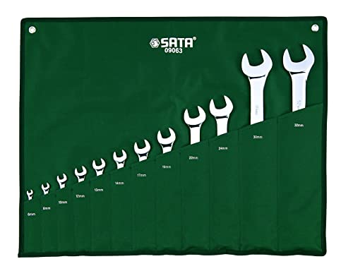 SATA ST09063 Ringmaulschlüssel, Gabelringschlüssel, Gabelschlüssel, Schraubenschlüssel Set metrisch 6-32 mm poliert aus CR-V-Stahl in praktischer Roll-Tasche 12 Tlg.