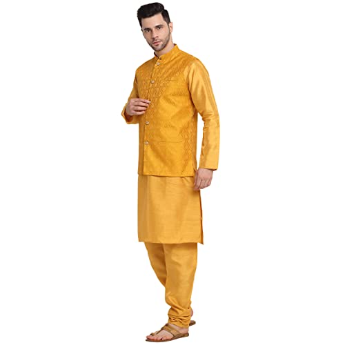 Image of KRAFT INDIA Mens Gold Silk Blend Kurta and Churidar Set With Jacquard Paisley Nehru Jacket