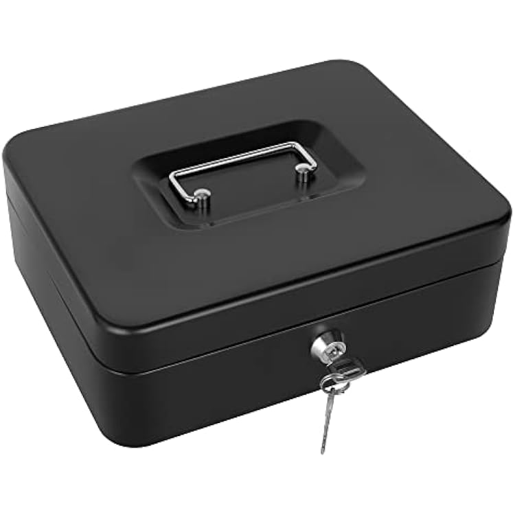 Cash Box with Lock and Money Tray Metal Money Box Large Cash Lock Box for Money 9.84 x 7.87 x 3.54 Black