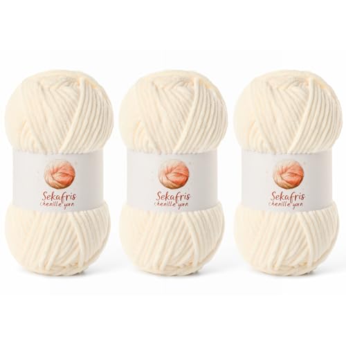 Image of Chenille Yarn for Crocheting, Size 5 Bulky,3 Milky White | 300g /393yds Soft Chunky Velvet Yarn for Crochet and Knitting,Fluffy Baby Yarn for Amigurumi,Blankets and DIY Crafts.