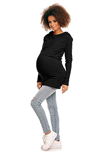Selente Mummy Love 1473 Damen Kapuzenpullover/Langarmshirt zum Stillen und als Umstandsmode (Made in EU), Langarmshirt mit Kapuze Schwarz, Gr. XXL
