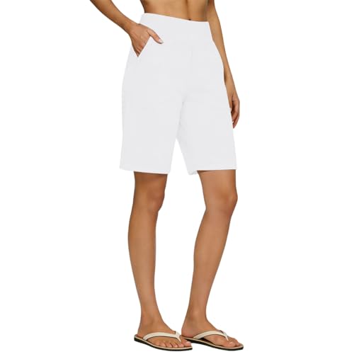 White Linen Bermuda Jersey Shorts for Women High Elastic Waist Wide Leg Pull On Dressy Plus Size Cotton Casual Short Length Pants with Pockets Loose Fit Trendy Summer Beach Vacation Outfits 2026 — view 4