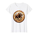 Bull Charging Through Ring of Fire Graphic T-Shirt, Women, White, Medium