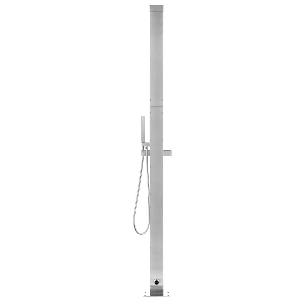 Ducha de jardín de acero inoxidable con base de WPC marrón, 225 cm de alto, incluye ducha de mano, grifo de lavado de pies y ducha de cabeza, ideal para jardín, piscina y terraza, resistente