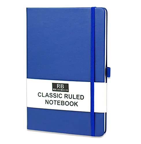 RICCO BELLO College Ruled Hardcover Lined Lay Flat Journal Notebook - Vegan Friendly Faux Leather, Elastic Closure, Pen Loop, Bookmark, Inner Pocket, 192 Lined Pages, 5.7 x 8.4 inches (Royal Blue)