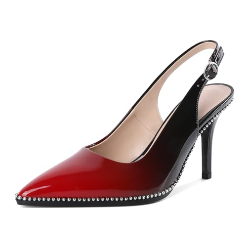 Zamikoo Women Slingback Pumps Pointed Toe Slip On High Heel Stilettos Ankle Strap Buckle Beads Dress Shoes Red Black Heels 3.5 Inches US Size 12