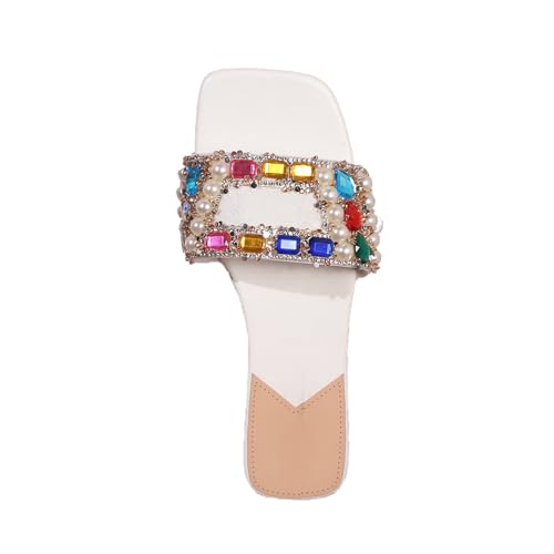 Women's Coloured Rhinestones Square Open Toe Flat Slides Casual Comfortable Slip On Walking Slippers For Leisure Daily