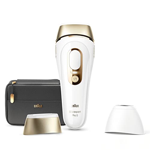 Braun Silk·expert Pro 5, épilateur à lumière pulsée, avec pochette et tête de précision, alternative à l’épilation au laser, Blanc/Doré, PL5140