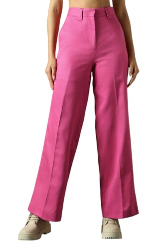Image of High Star Women High Rise Solid Regular Length Wide Leg Casual Trousers