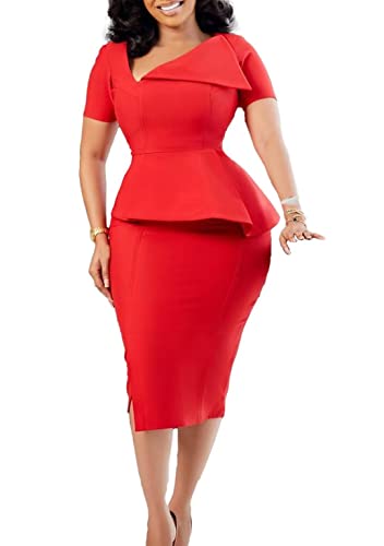 Women's V Neck Peplum Bodycon Dress Short Sleeve Formal Work Dress Cocktail Party Pencil Midi Dress Red 2Xl #TOP1