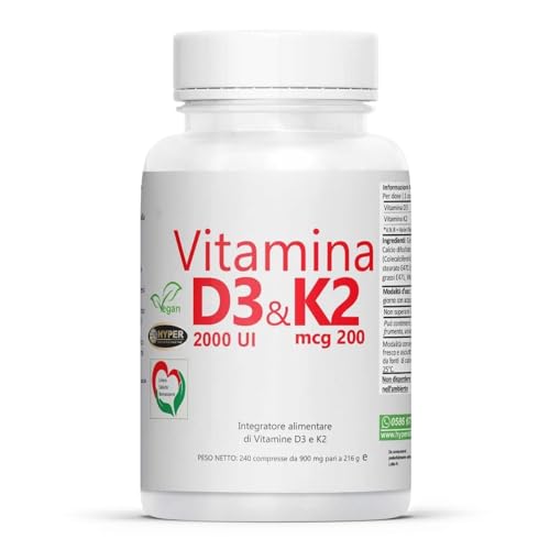 Hyper Vitamina D3 K2 con il Massimo Dosaggio Consentito - per Benessere di Denti, Articolazioni, Ossa e Sistema Immunitario - Integratore Vitamina D e Vitamina K2-2x240 Compresse Made in Italy.